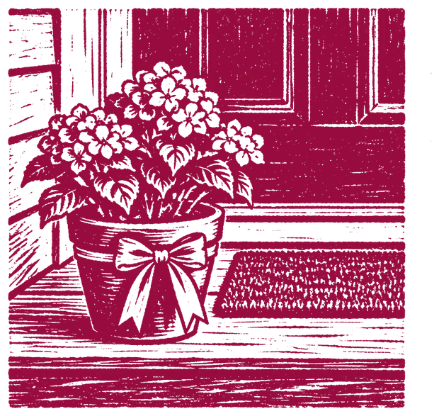 Linocut print of a potted plant with a ribbon left on a front step